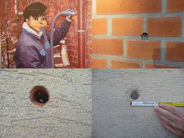 Um das Dämmmaterial optimal in die Wand einbringen zu können, werden 24mm Bohrlöcher benötigt. Wir verschließen diese nach der Arbeit mit Fugenmörtel. Um das Dämmmaterial optimal in die Wand einbringen zu können, werden 24mm Bohrlöcher benötigt. Wir verschließen diese nach der Arbeit mit Fugenmörtel.